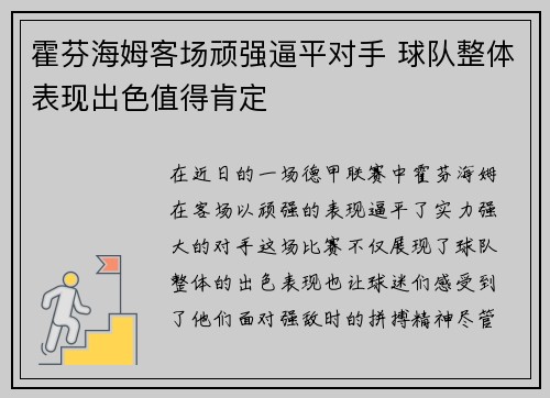 霍芬海姆客场顽强逼平对手 球队整体表现出色值得肯定