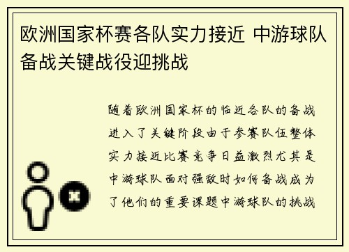 欧洲国家杯赛各队实力接近 中游球队备战关键战役迎挑战