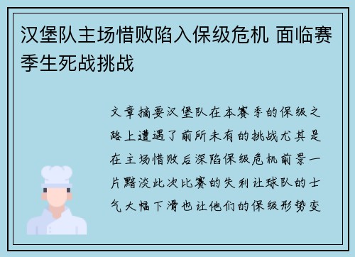 汉堡队主场惜败陷入保级危机 面临赛季生死战挑战