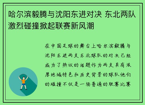 哈尔滨毅腾与沈阳东进对决 东北两队激烈碰撞掀起联赛新风潮