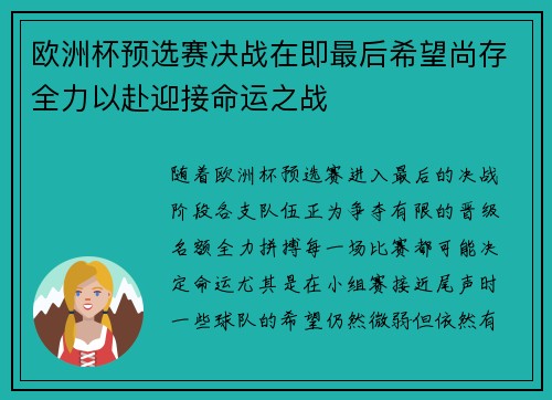 欧洲杯预选赛决战在即最后希望尚存全力以赴迎接命运之战