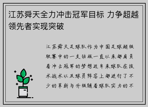 江苏舜天全力冲击冠军目标 力争超越领先者实现突破