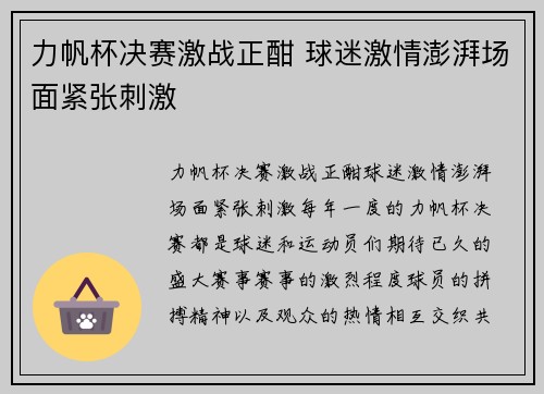 力帆杯决赛激战正酣 球迷激情澎湃场面紧张刺激