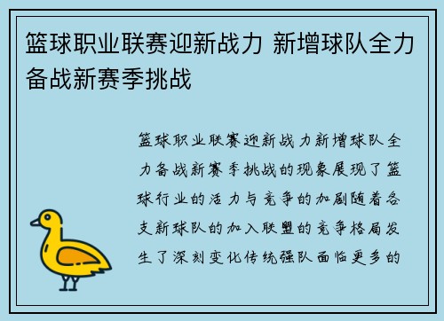 篮球职业联赛迎新战力 新增球队全力备战新赛季挑战