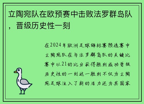 立陶宛队在欧预赛中击败法罗群岛队，晋级历史性一刻