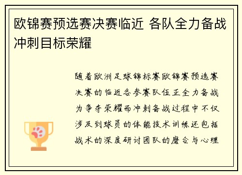 欧锦赛预选赛决赛临近 各队全力备战冲刺目标荣耀